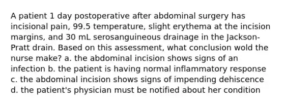 A patient 1 day postoperative after abdominal surgery has incisional pain, 99.5 temperature, slight erythema at the incision margins, and 30 mL serosanguineous drainage in the Jackson-Pratt drain. Based on this assessment, what conclusion wold the nurse make? a. the abdominal incision shows signs of an infection b. the patient is having normal inflammatory response c. the abdominal incision shows signs of impending dehiscence d. the patient's physician must be notified about her condition