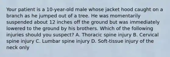 Your patient is a​ 10-year-old male whose jacket hood caught on a branch as he jumped out of a tree. He was momentarily suspended about 12 inches off the ground but was immediately lowered to the ground by his brothers. Which of the following injuries should you​ suspect? A. Thoracic spine injury B. Cervical spine injury C. Lumbar spine injury D. ​Soft-tissue injury of the neck only