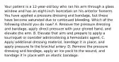 Your patient is a​ 12-year-old boy who ran his arm through a glass window and has an​ eight-inch laceration on his anterior forearm. You have applied a pressure dressing and​ bandage, but these have become saturated due to continued bleeding. Which of the following should you do​ now? A. Remove the pressure dressing and​ bandage, apply direct pressure with your gloved​ hand, and elevate the arm. B. Elevate that arm and prepare to apply a tourniquet or consider administering a hemostatic agent. C. Apply additional dressing​ material, bandage it in​ place, and apply pressure to the brachial artery. D. Remove the pressure dressing and​ bandage, apply an ice pack to the​ wound, and bandage it in place with an elastic bandage.