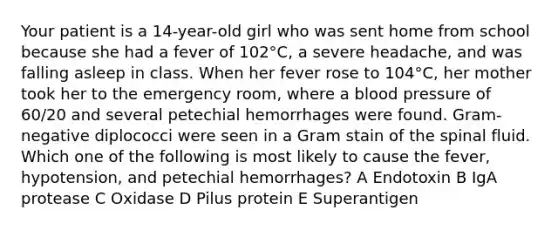 Your patient is a 14-year-old girl who was sent home from school because she had a fever of 102°C, a severe headache, and was falling asleep in class. When her fever rose to 104°C, her mother took her to the emergency room, where a blood pressure of 60/20 and several petechial hemorrhages were found. Gram-negative diplococci were seen in a Gram stain of the spinal fluid. Which one of the following is most likely to cause the fever, hypotension, and petechial hemorrhages? A Endotoxin B IgA protease C Oxidase D Pilus protein E Superantigen