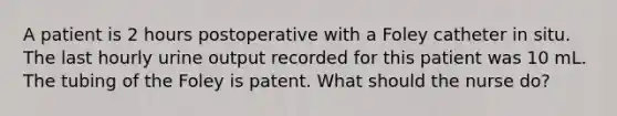 A patient is 2 hours postoperative with a Foley catheter in situ. The last hourly urine output recorded for this patient was 10 mL. The tubing of the Foley is patent. What should the nurse do?