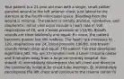 Your patient is a 21-year-old man with a single, small-caliber gunshot wound to the left anterior chest, just lateral to the sternum at the fourth intercostal space. Bleeding from the wound is minimal. The patient is initially anxious, combative, and diaphoretic. Initial vital signs include a heart rate of 100, respirations of 20, and a blood pressure of 110/80. Breath sounds are clear bilaterally and equal. En route, the patient becomes quieter but still restless. The heart rate increases to 120, respirations are 24, blood pressure 106/88, and breath sounds remain clear and equal. The patient has also developed significant JVD. You are 15 minutes from a Level I trauma center and 5 minutes away from a large community hospital. You should: A) immediately decompress the left chest and divert to the community hospital for chest tube insertion. B) immediately decompress the left chest and continue to the trauma center fo