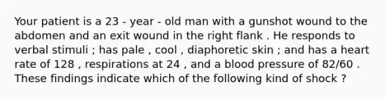 Your patient is a 23 - year - old man with a gunshot wound to the abdomen and an exit wound in the right flank . He responds to verbal stimuli ; has pale , cool , diaphoretic skin ; and has a heart rate of 128 , respirations at 24 , and a blood pressure of 82/60 . These findings indicate which of the following kind of shock ?