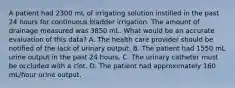 A patient had 2300 mL of irrigating solution instilled in the past 24 hours for continuous bladder irrigation. The amount of drainage measured was 3850 mL. What would be an accurate evaluation of this data? A. The health care provider should be notified of the lack of urinary output. B. The patient had 1550 mL urine output in the past 24 hours. C. The urinary catheter must be occluded with a clot. D. The patient had approximately 160 mL/hour urine output.