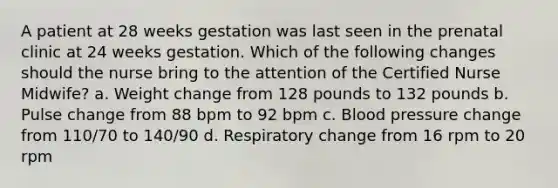 A patient at 28 weeks gestation was last seen in the prenatal clinic at 24 weeks gestation. Which of the following changes should the nurse bring to the attention of the Certified Nurse Midwife? a. Weight change from 128 pounds to 132 pounds b. Pulse change from 88 bpm to 92 bpm c. Blood pressure change from 110/70 to 140/90 d. Respiratory change from 16 rpm to 20 rpm