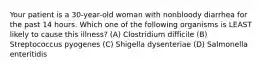 Your patient is a 30-year-old woman with nonbloody diarrhea for the past 14 hours. Which one of the following organisms is LEAST likely to cause this illness? (A) Clostridium difficile (B) Streptococcus pyogenes (C) Shigella dysenteriae (D) Salmonella enteritidis