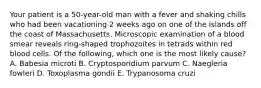 Your patient is a 50-year-old man with a fever and shaking chills who had been vacationing 2 weeks ago on one of the islands off the coast of Massachusetts. Microscopic examination of a blood smear reveals ring-shaped trophozoites in tetrads within red blood cells. Of the following, which one is the most likely cause? A. Babesia microti B. Cryptosporidium parvum C. Naegleria fowleri D. Toxoplasma gondii E. Trypanosoma cruzi