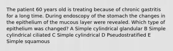 The patient 60 years old is treating because of chronic gastritis for a long time. During endoscopy of the stomach the changes in the epithelium of the mucous layer were revealed. Which type of epithelium was changed? A Simple cylindrical glandular B Simple cylindrical ciliated C Simple cylindrical D Pseudostratified E Simple squamous