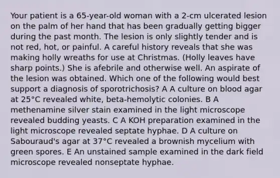 Your patient is a 65-year-old woman with a 2-cm ulcerated lesion on the palm of her hand that has been gradually getting bigger during the past month. The lesion is only slightly tender and is not red, hot, or painful. A careful history reveals that she was making holly wreaths for use at Christmas. (Holly leaves have sharp points.) She is afebrile and otherwise well. An aspirate of the lesion was obtained. Which one of the following would best support a diagnosis of sporotrichosis? A A culture on blood agar at 25°C revealed white, beta-hemolytic colonies. B A methenamine silver stain examined in the light microscope revealed budding yeasts. C A KOH preparation examined in the light microscope revealed septate hyphae. D A culture on Sabouraud's agar at 37°C revealed a brownish mycelium with green spores. E An unstained sample examined in the dark field microscope revealed nonseptate hyphae.