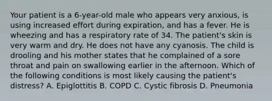 Your patient is a​ 6-year-old male who appears very​ anxious, is using increased effort during​ expiration, and has a fever. He is wheezing and has a respiratory rate of 34. The​ patient's skin is very warm and dry. He does not have any cyanosis. The child is drooling and his mother states that he complained of a sore throat and pain on swallowing earlier in the afternoon. Which of the following conditions is most likely causing the​ patient's distress? A. Epiglottitis B. COPD C. Cystic fibrosis D. Pneumonia