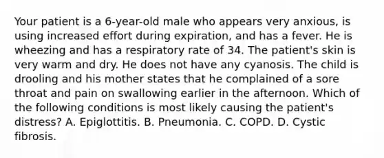 Your patient is a​ 6-year-old male who appears very​ anxious, is using increased effort during​ expiration, and has a fever. He is wheezing and has a respiratory rate of 34. The​ patient's skin is very warm and dry. He does not have any cyanosis. The child is drooling and his mother states that he complained of a sore throat and pain on swallowing earlier in the afternoon. Which of the following conditions is most likely causing the​ patient's distress? A. Epiglottitis. B. Pneumonia. C. COPD. D. Cystic fibrosis.