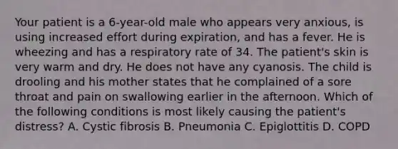 Your patient is a​ 6-year-old male who appears very​ anxious, is using increased effort during​ expiration, and has a fever. He is wheezing and has a respiratory rate of 34. The​ patient's skin is very warm and dry. He does not have any cyanosis. The child is drooling and his mother states that he complained of a sore throat and pain on swallowing earlier in the afternoon. Which of the following conditions is most likely causing the​ patient's distress? A. Cystic fibrosis B. Pneumonia C. Epiglottitis D. COPD