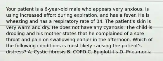 Your patient is a 6-year-old male who appears very anxious, is using increased effort during expiration, and has a fever. He is wheezing and has a respiratory rate of 34. The patient's skin is very warm and dry. He does not have any cyanosis. The child is drooling and his mother states that he complained of a sore throat and pain on swallowing earlier in the afternoon. Which of the following conditions is most likely causing the patient's distress? A. Cystic fibrosis B. COPD C. Epiglottitis D. Pneumonia