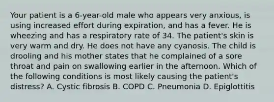 Your patient is a​ 6-year-old male who appears very​ anxious, is using increased effort during​ expiration, and has a fever. He is wheezing and has a respiratory rate of 34. The​ patient's skin is very warm and dry. He does not have any cyanosis. The child is drooling and his mother states that he complained of a sore throat and pain on swallowing earlier in the afternoon. Which of the following conditions is most likely causing the​ patient's distress? A. Cystic fibrosis B. COPD C. Pneumonia D. Epiglottitis