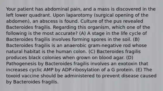 Your patient has abdominal pain, and a mass is discovered in the left lower quadrant. Upon laparotomy (surgical opening of the abdomen), an abscess is found. Culture of the pus revealed Bacteroides fragilis. Regarding this organism, which one of the following is the most accurate? (A) A stage in the life cycle of Bacteroides fragilis involves forming spores in the soil. (B) Bacteroides fragilis is an anaerobic gram-negative rod whose natural habitat is the human colon. (C) Bacteroides fragilis produces black colonies when grown on blood agar. (D) Pathogenesis by Bacteroides fragilis involves an exotoxin that increases cyclic AMP by ADP-ribosylation of a G protein. (E) The toxoid vaccine should be administered to prevent disease caused by Bacteroides fragilis.