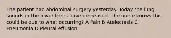 The patient had abdominal surgery yesterday. Today the lung sounds in the lower lobes have decreased. The nurse knows this could be due to what occurring? A Pain B Atelectasis C Pneumonia D Pleural effusion