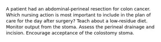 A patient had an abdominal-perineal resection for colon cancer. Which nursing action is most important to include in the plan of care for the day after surgery? Teach about a low-residue diet. Monitor output from the stoma. Assess the perineal drainage and incision. Encourage acceptance of the colostomy stoma.