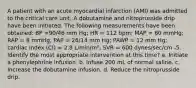 A patient with an acute myocardial infarction (AMI) was admitted to the critical care unit. A dobutamine and nitroprusside drip have been initiated. The following measurements have been obtained: BP =90/46 mm Hg; HR = 112 bpm; MAP = 60 mmHg; RAP = 8 mmHg; PAP = 26/14 mm Hg; PAWP = 12 mm Hg; cardiac index (CI) = 2.8 L/min/m²; SVR = 600 dynes/sec/cm -5. Identify the most appropriate intervention at this time? a. Initiate a phenylephrine infusion. b. Infuse 200 mL of normal saline. c. Increase the dobutamine infusion. d. Reduce the nitroprusside drip.