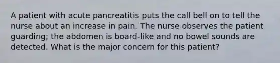 A patient with acute pancreatitis puts the call bell on to tell the nurse about an increase in pain. The nurse observes the patient guarding; the abdomen is board-like and no bowel sounds are detected. What is the major concern for this patient?