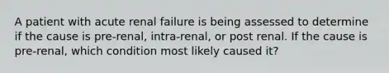 A patient with acute renal failure is being assessed to determine if the cause is pre-renal, intra-renal, or post renal. If the cause is pre-renal, which condition most likely caused it?