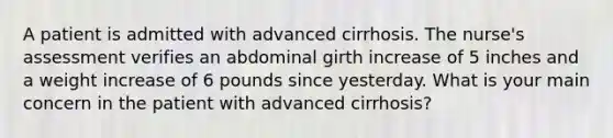 A patient is admitted with advanced cirrhosis. The nurse's assessment verifies an abdominal girth increase of 5 inches and a weight increase of 6 pounds since yesterday. What is your main concern in the patient with advanced cirrhosis?