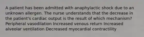 A patient has been admitted with anaphylactic shock due to an unknown allergen. The nurse understands that the decrease in the patient's cardiac output is the result of which mechanism? Peripheral vasodilation Increased venous return Increased alveolar ventilation Decreased myocardial contractility