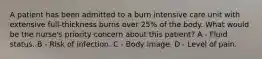 A patient has been admitted to a burn intensive care unit with extensive full-thickness burns over 25% of the body. What would be the nurse's priority concern about this patient? A - Fluid status. B - Risk of infection. C - Body image. D - Level of pain.