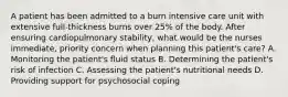 A patient has been admitted to a burn intensive care unit with extensive full-thickness burns over 25% of the body. After ensuring cardiopulmonary stability, what would be the nurses immediate, priority concern when planning this patient's care? A. Monitoring the patient's fluid status B. Determining the patient's risk of infection C. Assessing the patient's nutritional needs D. Providing support for psychosocial coping