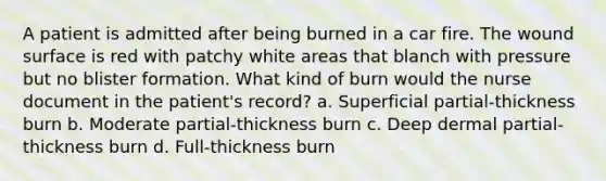 A patient is admitted after being burned in a car fire. The wound surface is red with patchy white areas that blanch with pressure but no blister formation. What kind of burn would the nurse document in the patient's record? a. Superficial partial-thickness burn b. Moderate partial-thickness burn c. Deep dermal partial-thickness burn d. Full-thickness burn