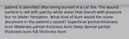 patient is admitted after being burned in a car fire. The wound surface is red with patchy white areas that blanch with pressure but no blister formation. What kind of burn would the nurse document in the patient's record? Superficial partial-thickness burn Moderate partial-thickness burn Deep dermal partial-thickness burn full thickness burn