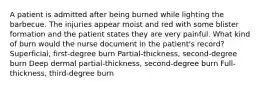 A patient is admitted after being burned while lighting the barbecue. The injuries appear moist and red with some blister formation and the patient states they are very painful. What kind of burn would the nurse document in the patient's record? Superficial, first-degree burn Partial-thickness, second-degree burn Deep dermal partial-thickness, second-degree burn Full-thickness, third-degree burn