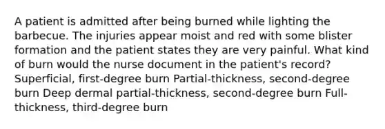 A patient is admitted after being burned while lighting the barbecue. The injuries appear moist and red with some blister formation and the patient states they are very painful. What kind of burn would the nurse document in the patient's record? Superficial, first-degree burn Partial-thickness, second-degree burn Deep dermal partial-thickness, second-degree burn Full-thickness, third-degree burn