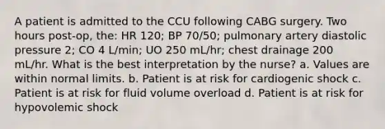 A patient is admitted to the CCU following CABG surgery. Two hours post-op, the: HR 120; BP 70/50; pulmonary artery diastolic pressure 2; CO 4 L/min; UO 250 mL/hr; chest drainage 200 mL/hr. What is the best interpretation by the nurse? a. Values are within normal limits. b. Patient is at risk for cardiogenic shock c. Patient is at risk for fluid volume overload d. Patient is at risk for hypovolemic shock