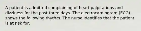 A patient is admitted complaining of heart palpitations and dizziness for the past three days. The electrocardiogram (ECG) shows the following rhythm. The nurse identifies that the patient is at risk for: