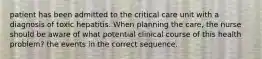 patient has been admitted to the critical care unit with a diagnosis of toxic hepatitis. When planning the care, the nurse should be aware of what potential clinical course of this health problem? the events in the correct sequence.