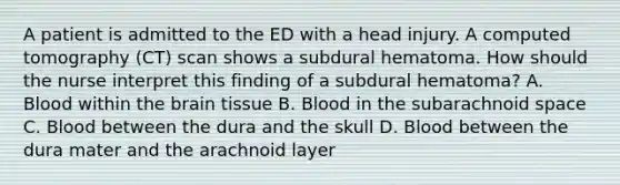 A patient is admitted to the ED with a head injury. A computed tomography (CT) scan shows a subdural hematoma. How should the nurse interpret this finding of a subdural hematoma? A. Blood within the brain tissue B. Blood in the subarachnoid space C. Blood between the dura and the skull D. Blood between the dura mater and the arachnoid layer