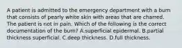 A patient is admitted to the emergency department with a burn that consists of pearly white skin with areas that are charred. The patient is not in pain. Which of the following is the correct documentation of the burn? A.superficial epidermal. B.partial thickness superficial. C.deep thickness. D.full thickness.