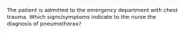 The patient is admitted to the emergency department with chest trauma. Which signs/symptoms indicate to the nurse the diagnosis of pneumothorax?