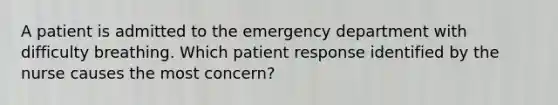 A patient is admitted to the emergency department with difficulty breathing. Which patient response identified by the nurse causes the most concern?