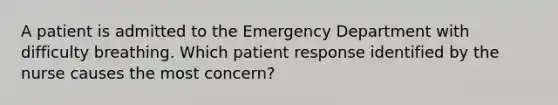 A patient is admitted to the Emergency Department with difficulty breathing. Which patient response identified by the nurse causes the most concern?