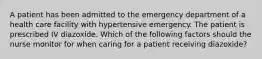 A patient has been admitted to the emergency department of a health care facility with hypertensive emergency. The patient is prescribed IV diazoxide. Which of the following factors should the nurse monitor for when caring for a patient receiving diazoxide?