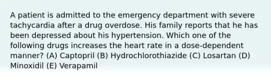 A patient is admitted to the emergency department with severe tachycardia after a drug overdose. His family reports that he has been depressed about his hypertension. Which one of the following drugs increases the heart rate in a dose-dependent manner? (A) Captopril (B) Hydrochlorothiazide (C) Losartan (D) Minoxidil (E) Verapamil