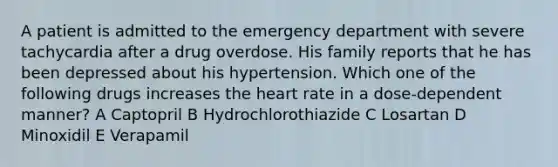 A patient is admitted to the emergency department with severe tachycardia after a drug overdose. His family reports that he has been depressed about his hypertension. Which one of the following drugs increases the heart rate in a dose-dependent manner? A Captopril B Hydrochlorothiazide C Losartan D Minoxidil E Verapamil