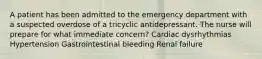 A patient has been admitted to the emergency department with a suspected overdose of a tricyclic antidepressant. The nurse will prepare for what immediate concern? Cardiac dysrhythmias Hypertension Gastrointestinal bleeding Renal failure