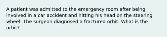 A patient was admitted to the emergency room after being involved in a car accident and hitting his head on the steering wheel. The surgeon diagnosed a fractured orbit. What is the​ orbit?