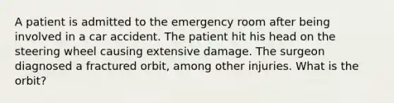 A patient is admitted to the emergency room after being involved in a car accident. The patient hit his head on the steering wheel causing extensive damage. The surgeon diagnosed a fractured orbit, among other injuries. What is the orbit?