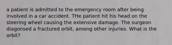 a patient is admitted to the emergency room after being involved in a car accident. THe patient hit his head on the steering wheel causing the extensive damage. The surgeon diagonsed a fractured orbit, among other injuries. What is the orbit?