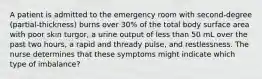 A patient is admitted to the emergency room with second-degree (partial-thickness) burns over 30% of the total body surface area with poor skin turgor, a urine output of less than 50 mL over the past two hours, a rapid and thready pulse, and restlessness. The nurse determines that these symptoms might indicate which type of imbalance?