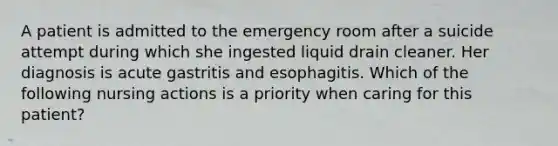 A patient is admitted to the emergency room after a suicide attempt during which she ingested liquid drain cleaner. Her diagnosis is acute gastritis and esophagitis. Which of the following nursing actions is a priority when caring for this patient?