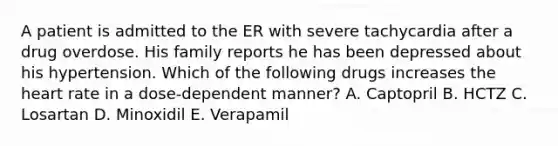 A patient is admitted to the ER with severe tachycardia after a drug overdose. His family reports he has been depressed about his hypertension. Which of the following drugs increases <a href='https://www.questionai.com/knowledge/kya8ocqc6o-the-heart' class='anchor-knowledge'>the heart</a> rate in a dose-dependent manner? A. Captopril B. HCTZ C. Losartan D. Minoxidil E. Verapamil